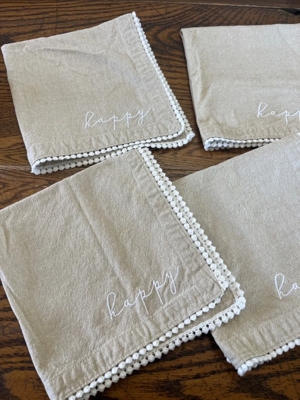Mud pie Beige 'happy' Embroidered Napkins with Pom Trim - Set of 4
